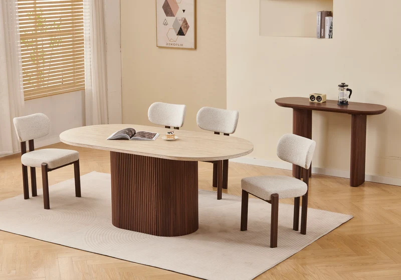 Ensemble table travertin noyer et 4 chaises - Akira