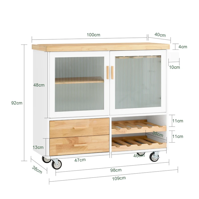 SoBuy FKW114-WN Îlot Central de Cuisine Buffet avec Plateau en Bois d'Hévéa, Porte-Bouteilles à 2 Niveaux