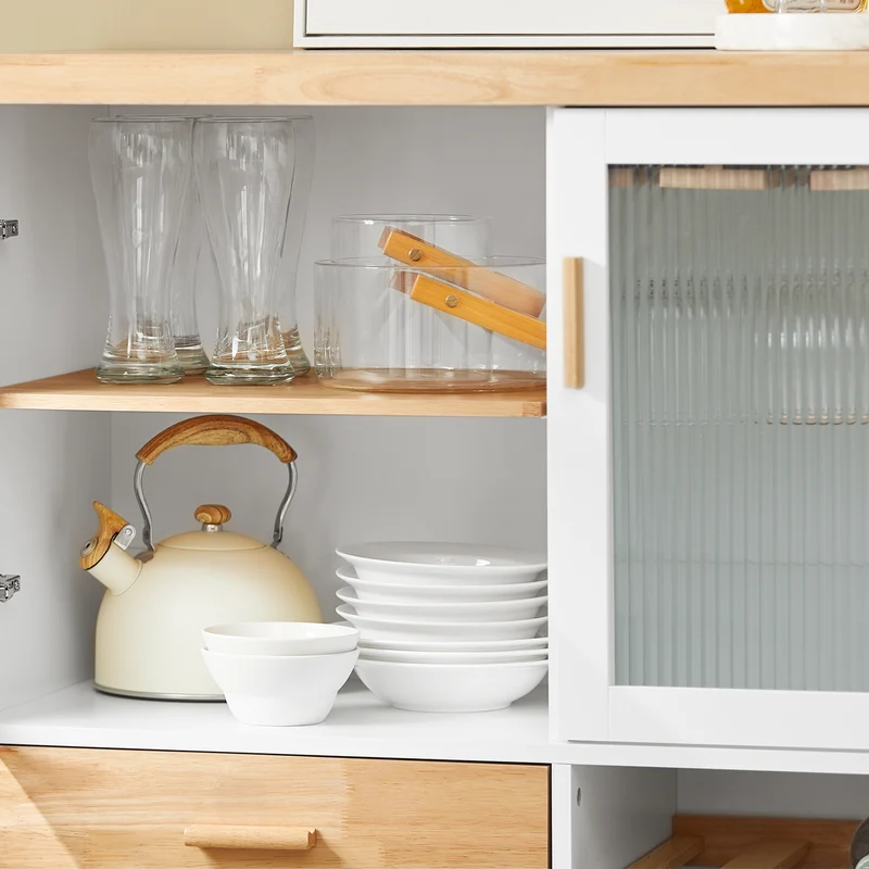 SoBuy FKW114-WN Îlot Central de Cuisine Buffet avec Plateau en Bois d'Hévéa, Porte-Bouteilles à 2 Niveaux