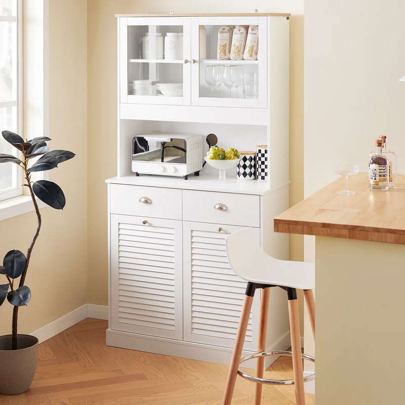 SoBuy FSB101-W Buffet Cuisine avec 3 Portes, 2 Tiroirs et Compartiment à Poubelle, Design Moderne, pour Cuisine et Salle à Manger – L92×P40×H180 cm, Blanc