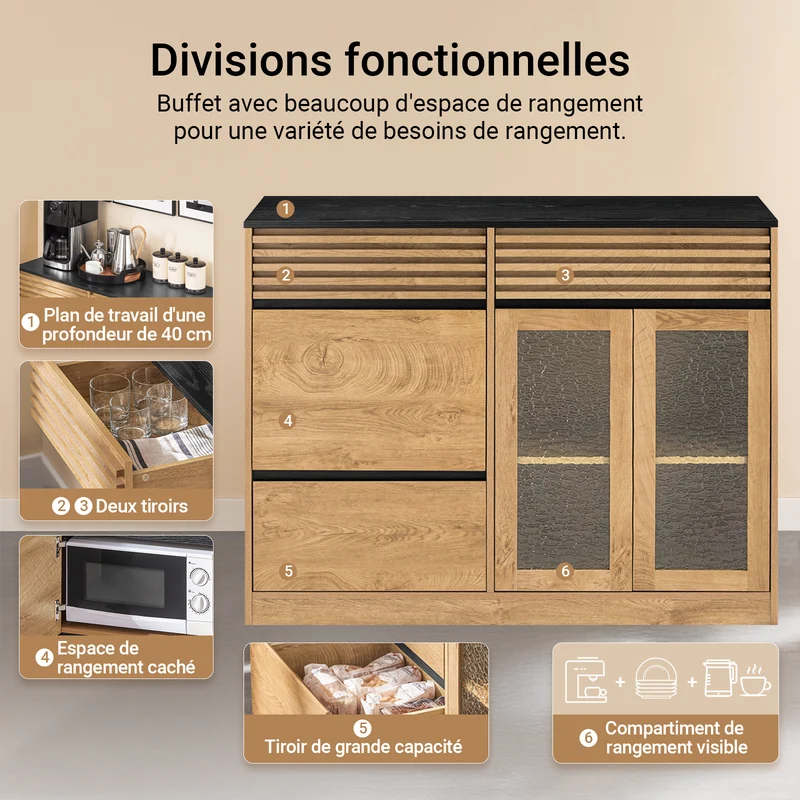 SoBuy FSB99-N Buffet Bas Multifonction avec 3 Portes et 3 Tiroirs, Meuble Rangement pour Cuisine, Salle à Manger ou Entrée, Naturel 112×40×89 cm