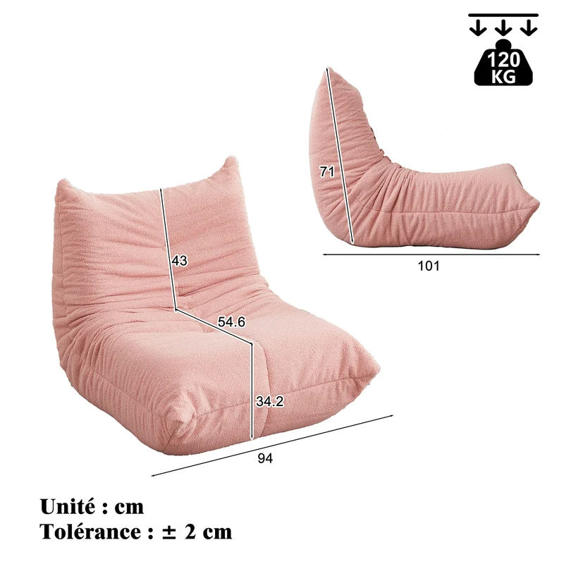 Fauteuil style Togo rose chenille, fauteuil de sol sans cadre ergonomique