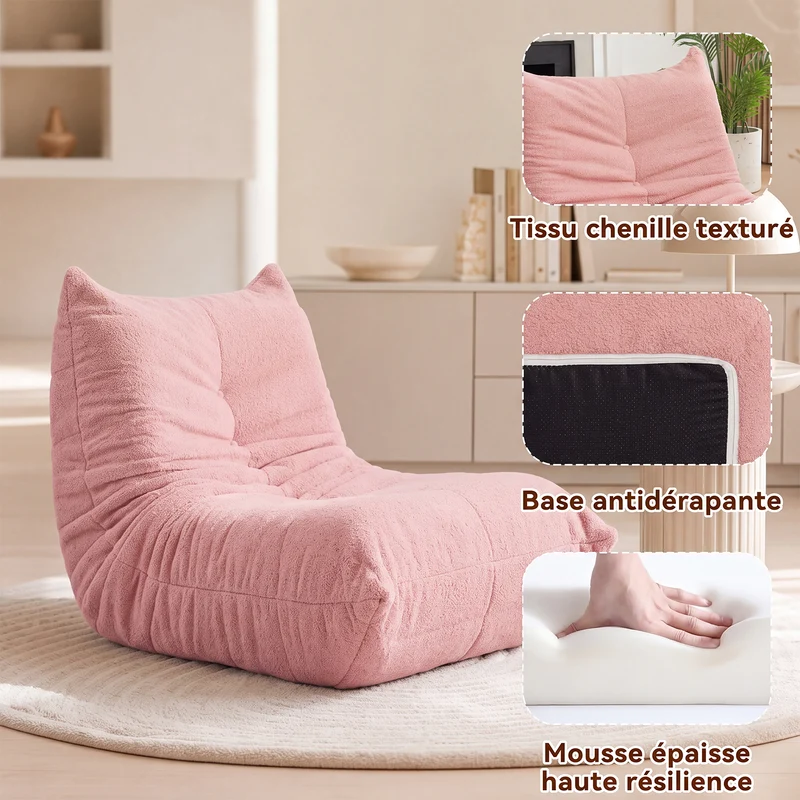 Fauteuil style Togo rose chenille, fauteuil de sol sans cadre ergonomique