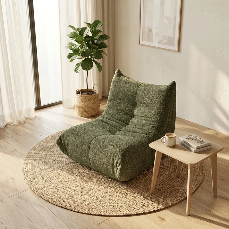 Fauteuil style Togo vert chenille, fauteuil de sol sans cadre ergonomique