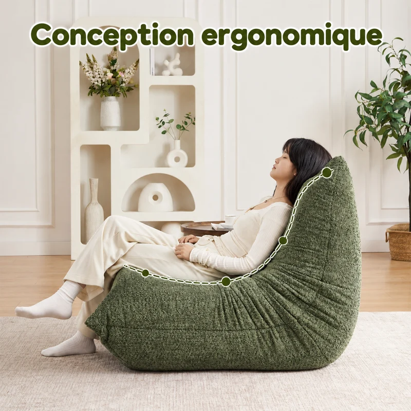 Fauteuil style Togo vert chenille, fauteuil de sol sans cadre ergonomique