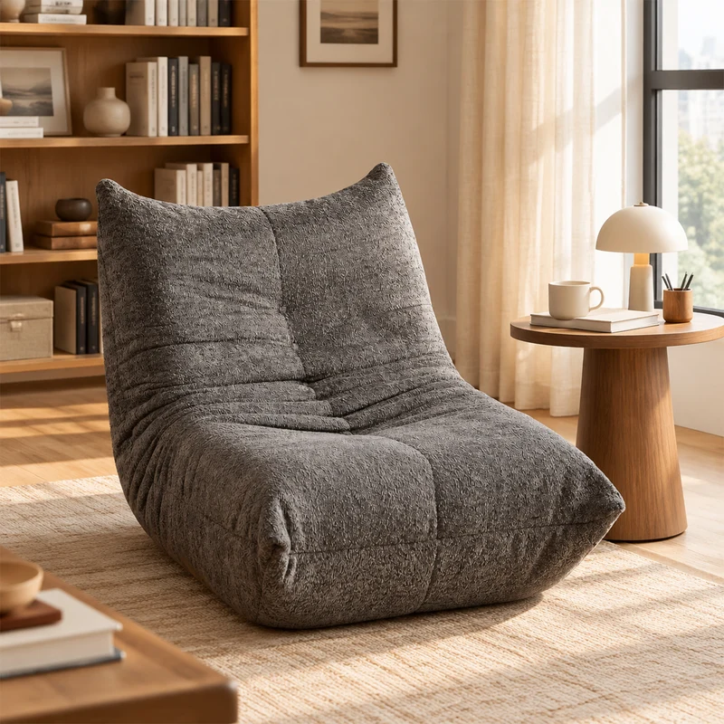 Fauteuil style Togo gris chenille, fauteuil de sol sans cadre ergonomique