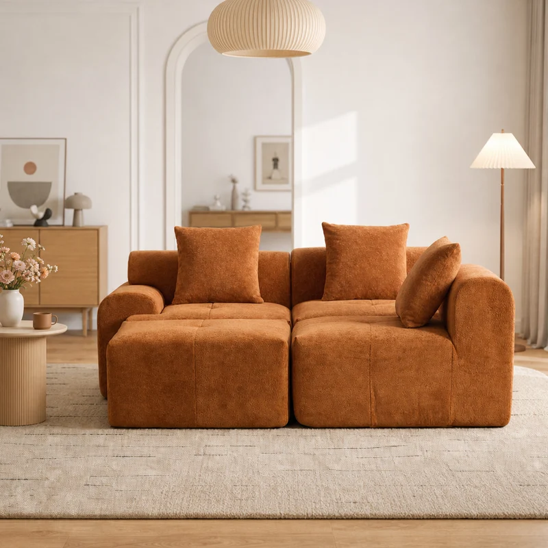 Canapé d’angle modulaire orange 3 places avec pouf