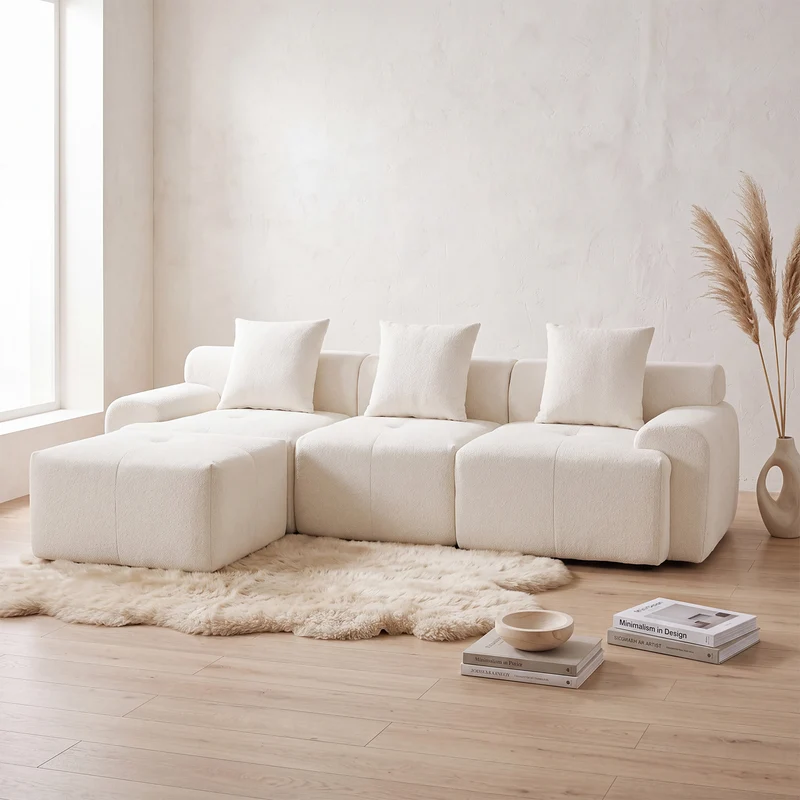 Canapé d’angle modulaire beige 3 places avec pouf