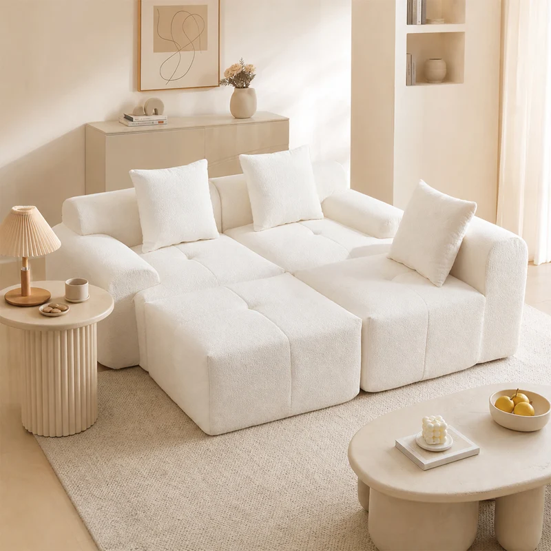 Canapé d’angle modulaire beige 3 places avec pouf
