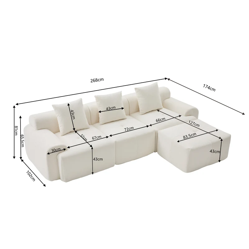 Canapé d’angle modulaire beige 3 places avec pouf