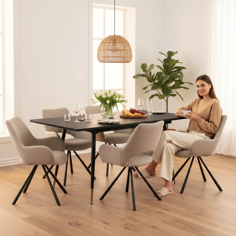 Ensemble de salle à manger comprenant une table extensible et 6 fauteuil en tissu beige