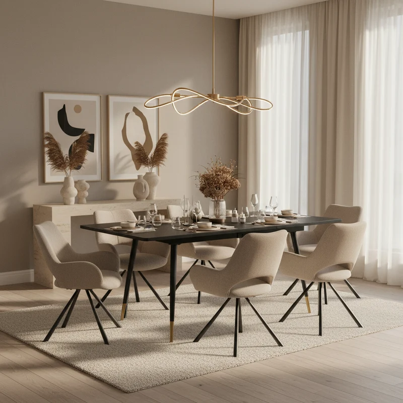 Ensemble de salle à manger comprenant une table extensible et 6 fauteuil en tissu beige