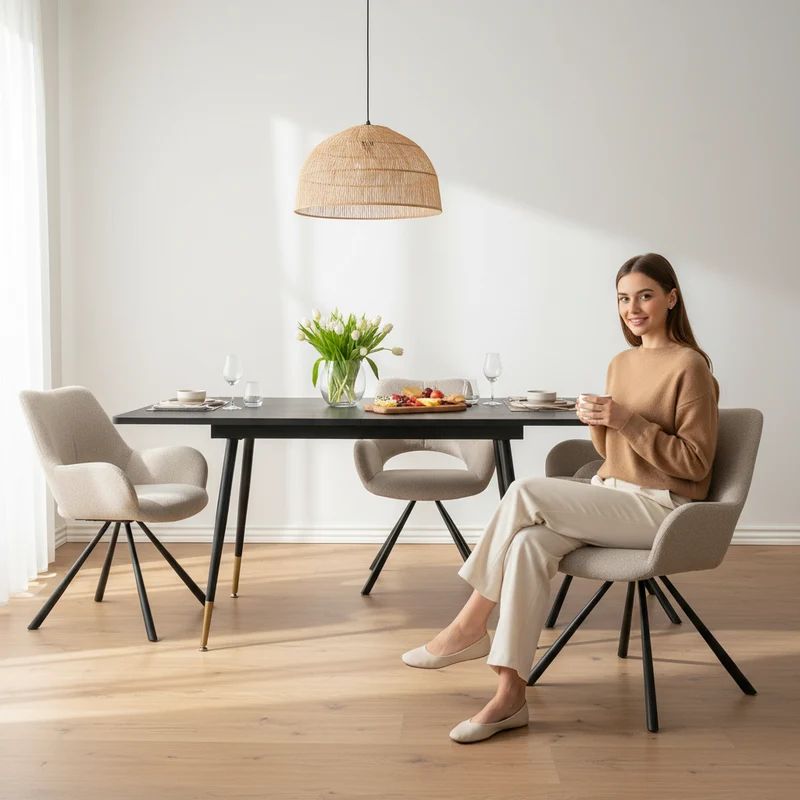 Ensemble de salle à manger comprenant une table extensible et 4 fauteuil en tissu beige