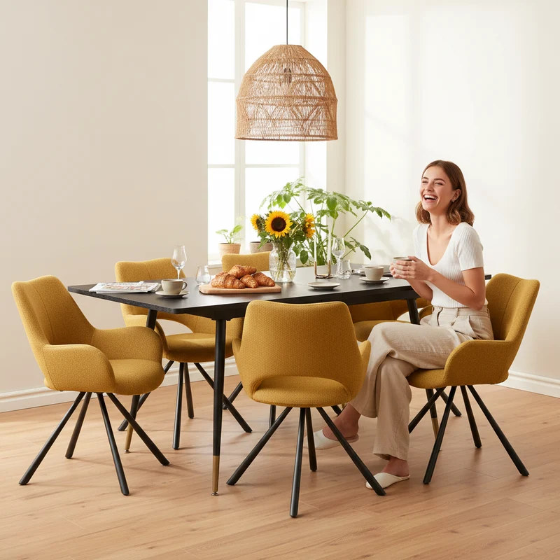 Ensemble de salle à manger comprenant une table extensible et 6 fauteuil en tissu jaune