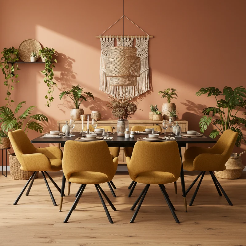 Ensemble de salle à manger comprenant une table extensible et 6 fauteuil en tissu jaune