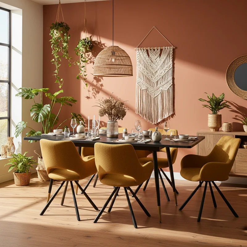 Ensemble de salle à manger comprenant une table extensible et 4 fauteuil en tissu jaune
