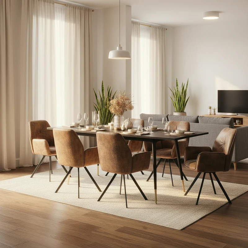 Ensemble de salle à manger comprenant une table extensible et 6 fauteuil pivotant confortables en suédine