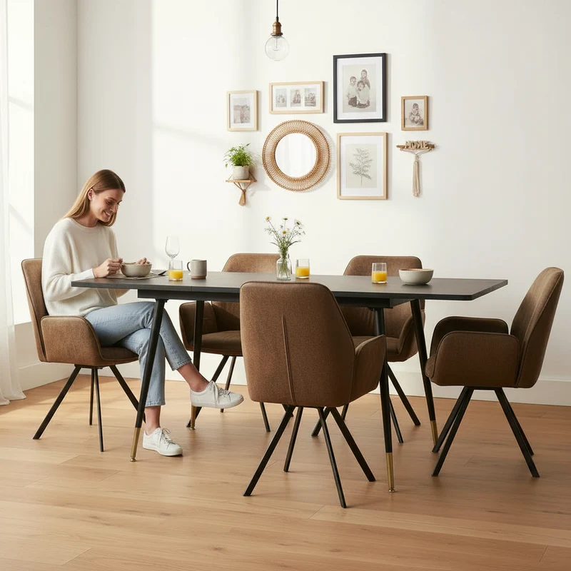 Ensemble de salle à manger comprenant une table extensible et 6 fauteuil pivotant confortables en suédine