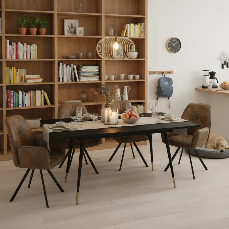 Ensemble de salle à manger comprenant une table extensible et 4 fauteuil pivotant confortables en suédine
