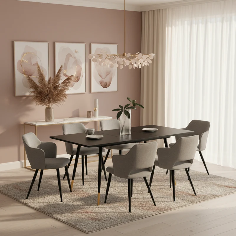 Ensemble de salle à manger comprenant une table extensible et 6 fauteuils avec accoudoirs en tissu gris