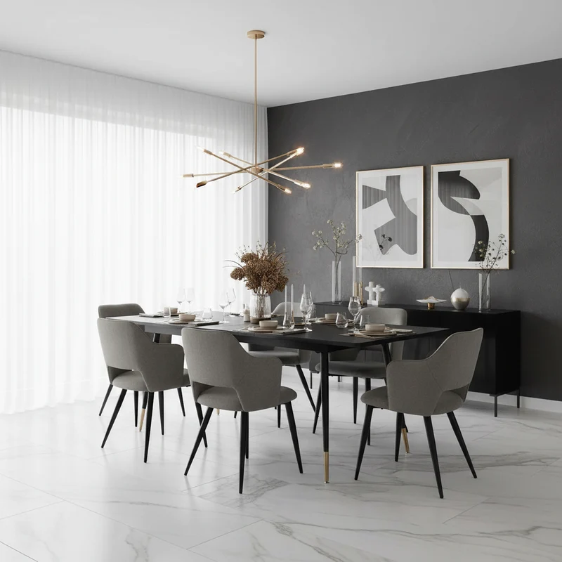 Ensemble de salle à manger comprenant une table extensible et 6 fauteuils avec accoudoirs en tissu gris