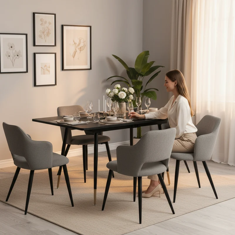 Ensemble de salle à manger comprenant une table extensible et 6 fauteuils avec accoudoirs en tissu gris