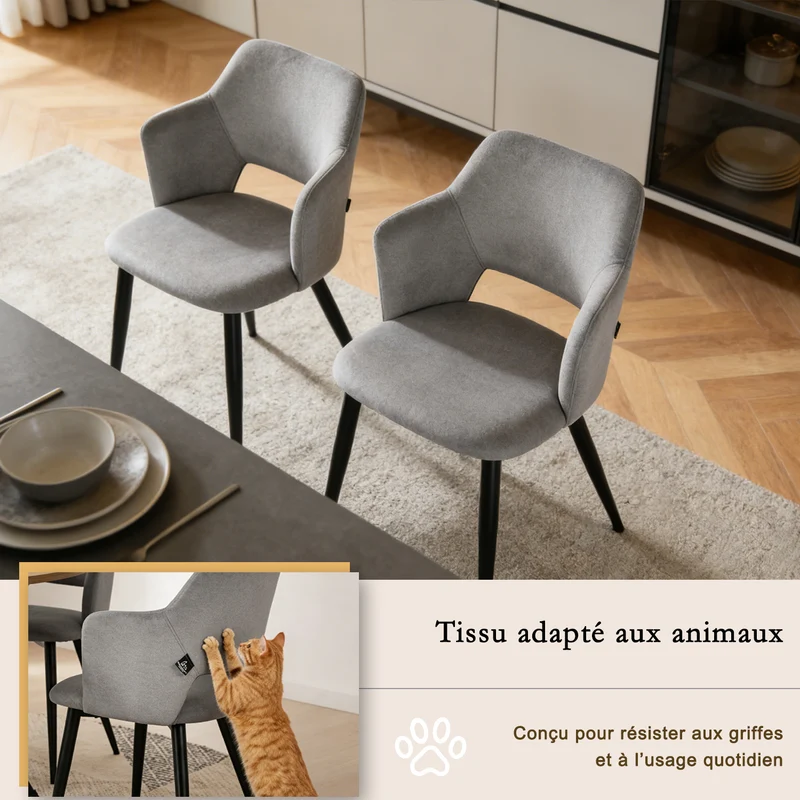 Ensemble de salle à manger comprenant une table extensible et 6 fauteuils avec accoudoirs en tissu gris