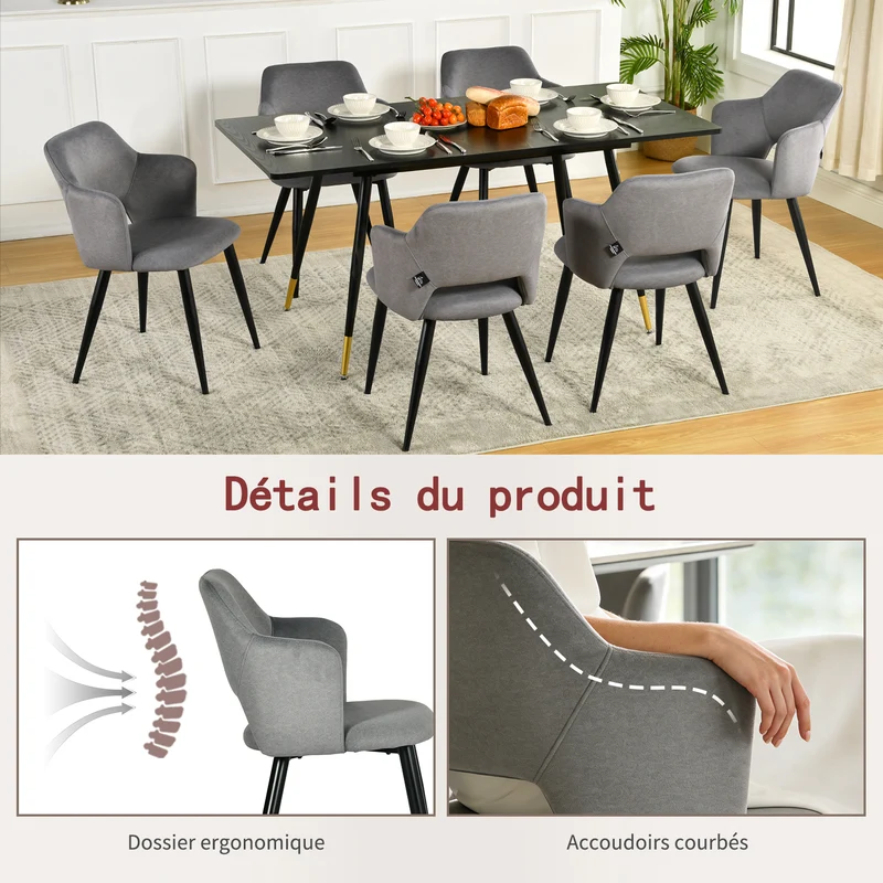 Ensemble de salle à manger comprenant une table extensible et 6 fauteuils avec accoudoirs en tissu gris