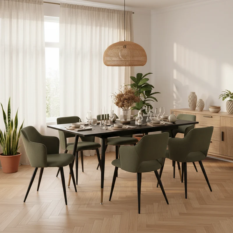 Ensemble de salle à manger comprenant une table extensible et 6 fauteuils avec accoudoirs en tissu vert