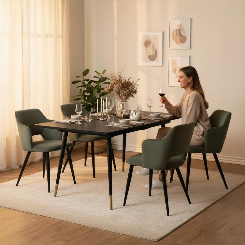 Ensemble de salle à manger comprenant une table extensible et 6 fauteuils avec accoudoirs en tissu vert