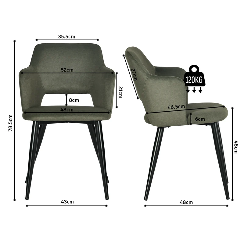 Ensemble de salle à manger comprenant une table extensible et 6 fauteuils avec accoudoirs en tissu vert