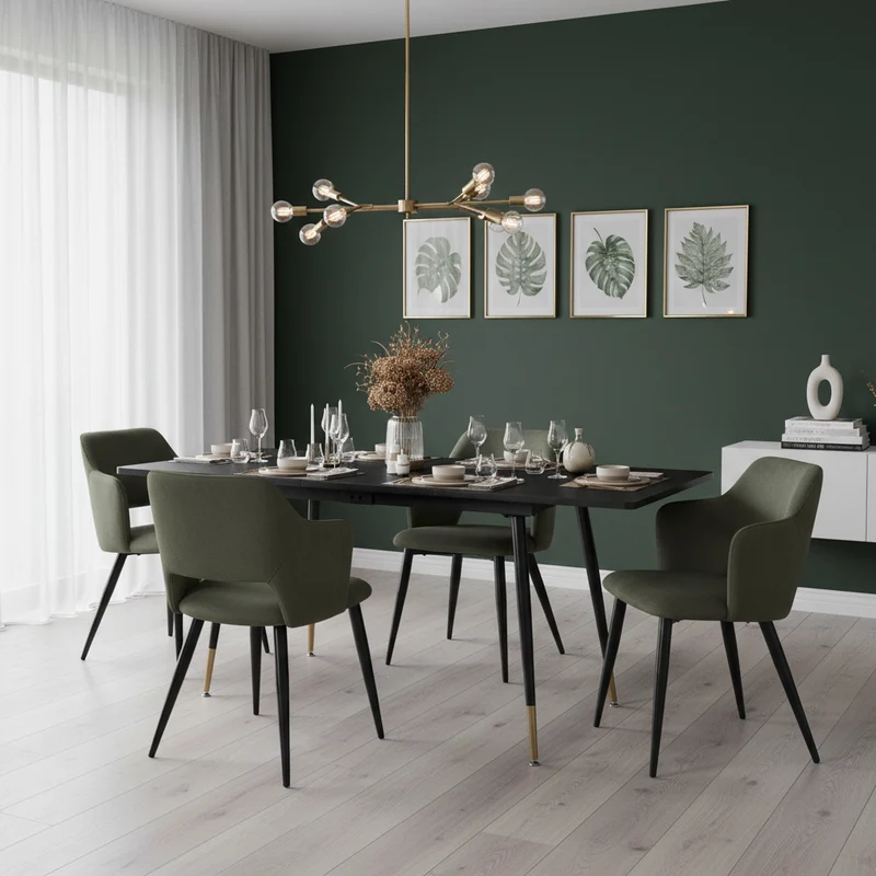 Ensemble de salle à manger comprenant une table extensible et 4 fauteuils avec accoudoirs en tissu vert