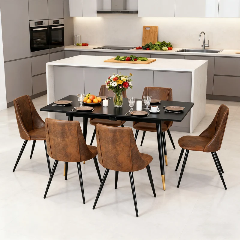 Ensemble de salle à manger comprenant une table extensible et 6 chaises industrielles en suédine