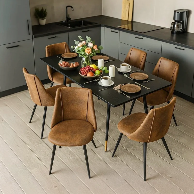 Ensemble de salle à manger comprenant une table extensible et 6 chaises industrielles en suédine