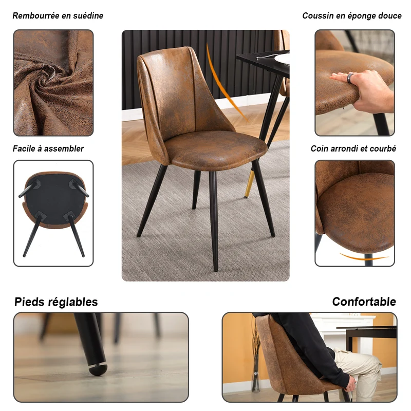 Ensemble de salle à manger comprenant une table extensible et 6 chaises industrielles en suédine