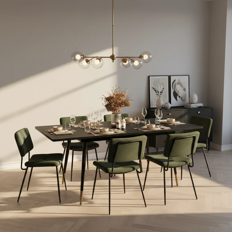 Ensemble de salle à manger comprenant une table extensible et 6 chaises de salle à manger industrielles en tissu vert