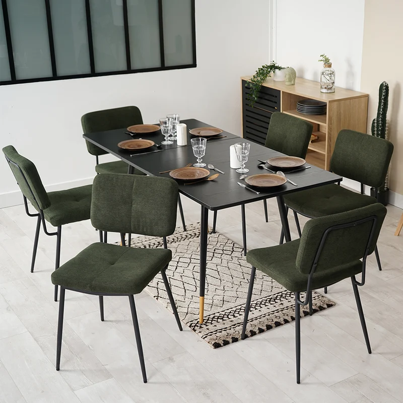 Ensemble de salle à manger comprenant une table extensible et 6 chaises de salle à manger industrielles en tissu vert