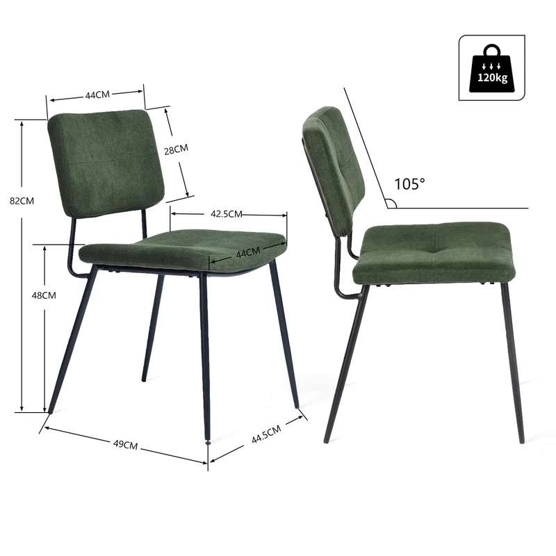 Ensemble de salle à manger comprenant une table extensible et 4 chaises de salle à manger industrielles en tissu vert