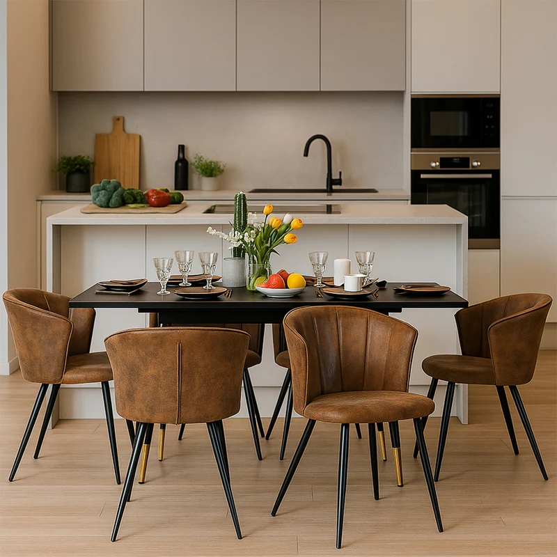 Ensemble de salle à manger comprenant une table extensible et 6 chaises en suédine marron