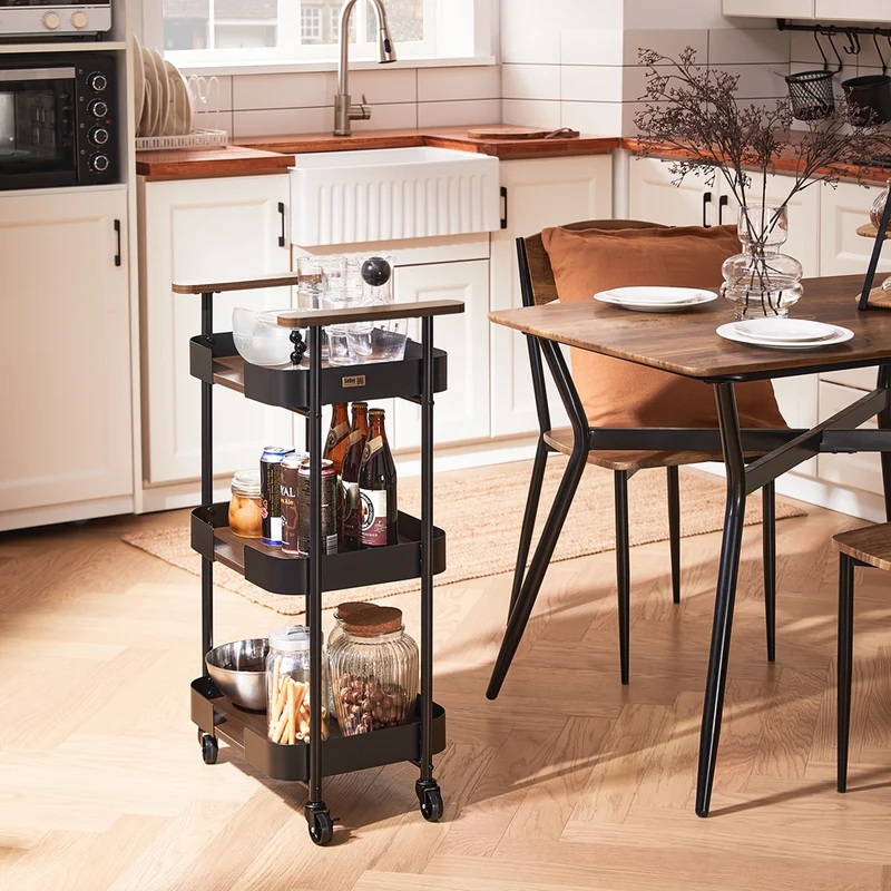 SoBuy SVW23-SCH Chariot de Service à roulettes, Desserte de Cuisine Roulante, Étagère de Cuisine à 3 Niveaux avec Poignées