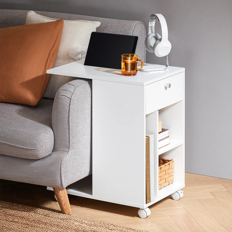 SoBuy FBT148-W Bout de Canapé sur roulettes Table de Chevet Table de Nuit Table d'Appoint avec 1 Tiroir et 3 Compartiments Ouverts