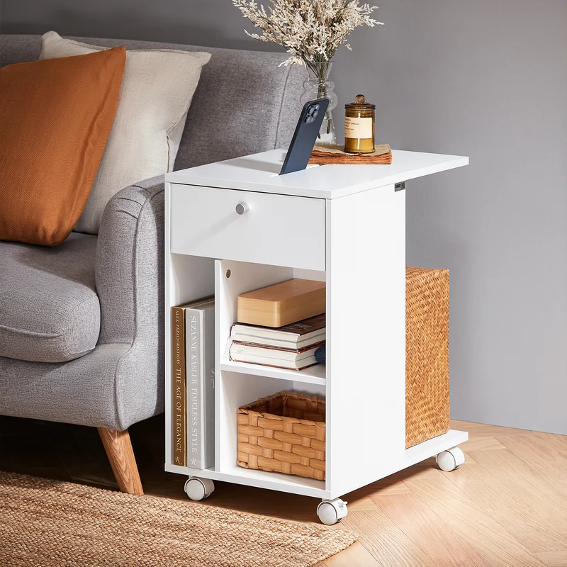 SoBuy FBT148-W Bout de Canapé sur roulettes Table de Chevet Table de Nuit Table d'Appoint avec 1 Tiroir et 3 Compartiments Ouverts