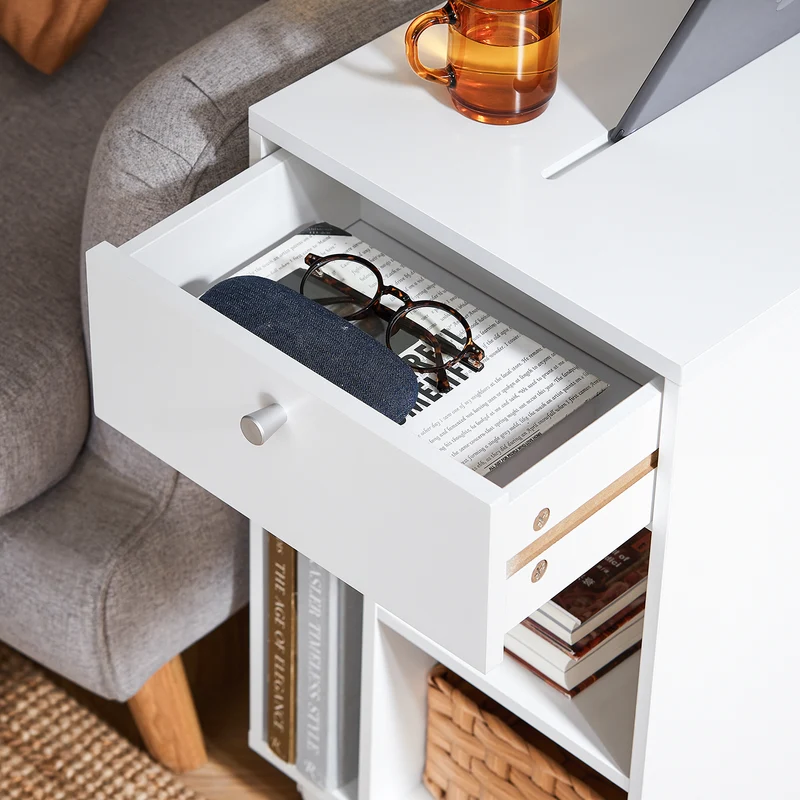SoBuy FBT148-W Bout de Canapé sur roulettes Table de Chevet Table de Nuit Table d'Appoint avec 1 Tiroir et 3 Compartiments Ouverts