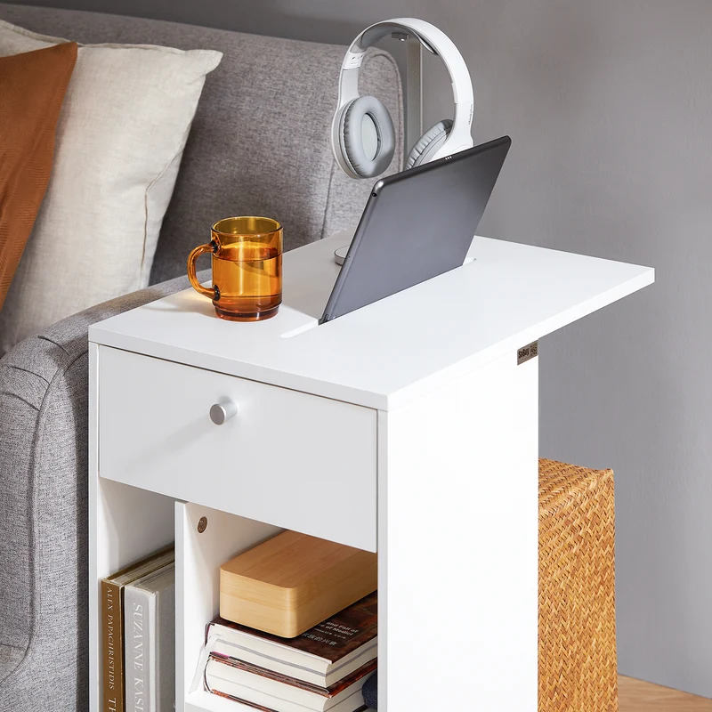 SoBuy FBT148-W Bout de Canapé sur roulettes Table de Chevet Table de Nuit Table d'Appoint avec 1 Tiroir et 3 Compartiments Ouverts