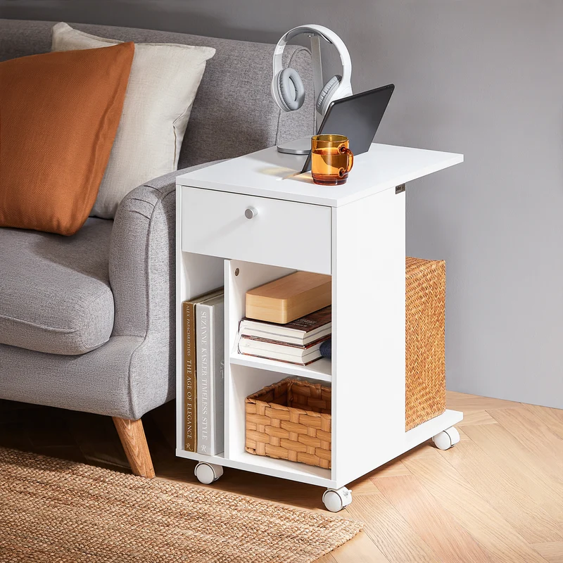 SoBuy FBT148-W Bout de Canapé sur roulettes Table de Chevet Table de Nuit Table d'Appoint avec 1 Tiroir et 3 Compartiments Ouverts