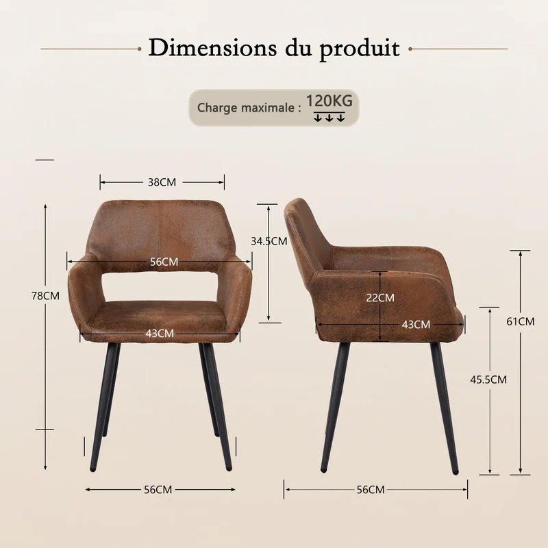 Ensemble de salle à manger de style scandinave composé d'une table ronde en chêne et de 2 fauteuils en suédine marron