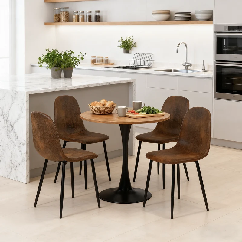 Ensemble de salle à manger de style scandinave composé d'une table ronde en chêne et de 4 chaises en suédine marron