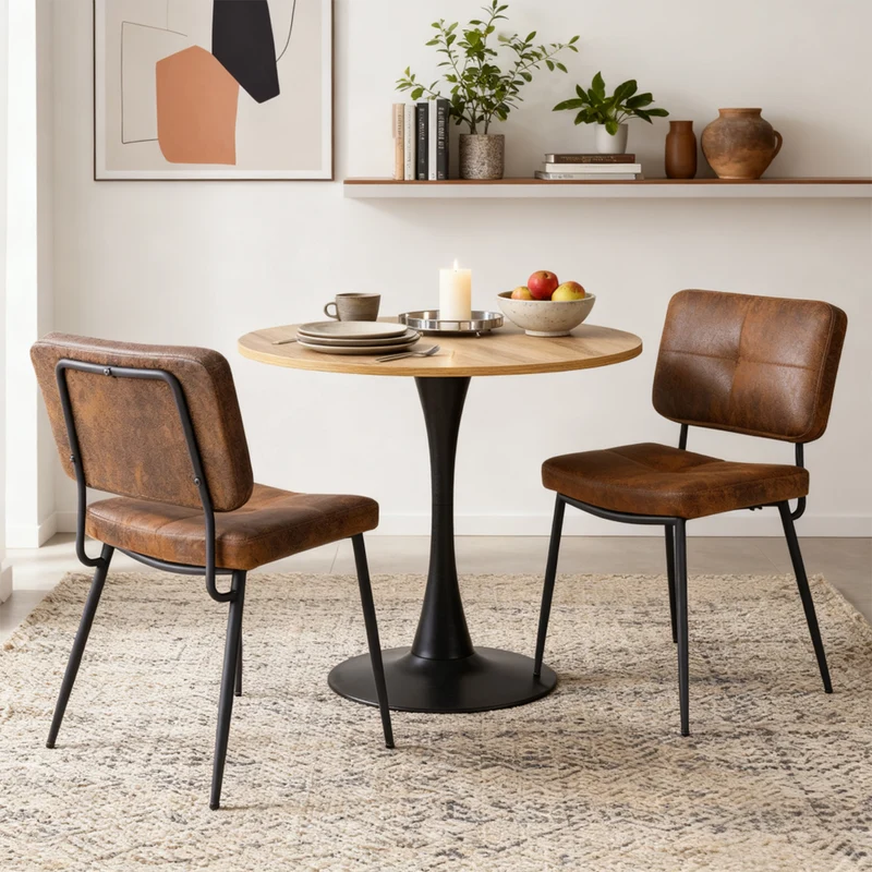 Ensemble de salle à manger de style scandinave composé d'une table ronde en chêne et de 2 chaises en suédine marron à assise rembourrée
