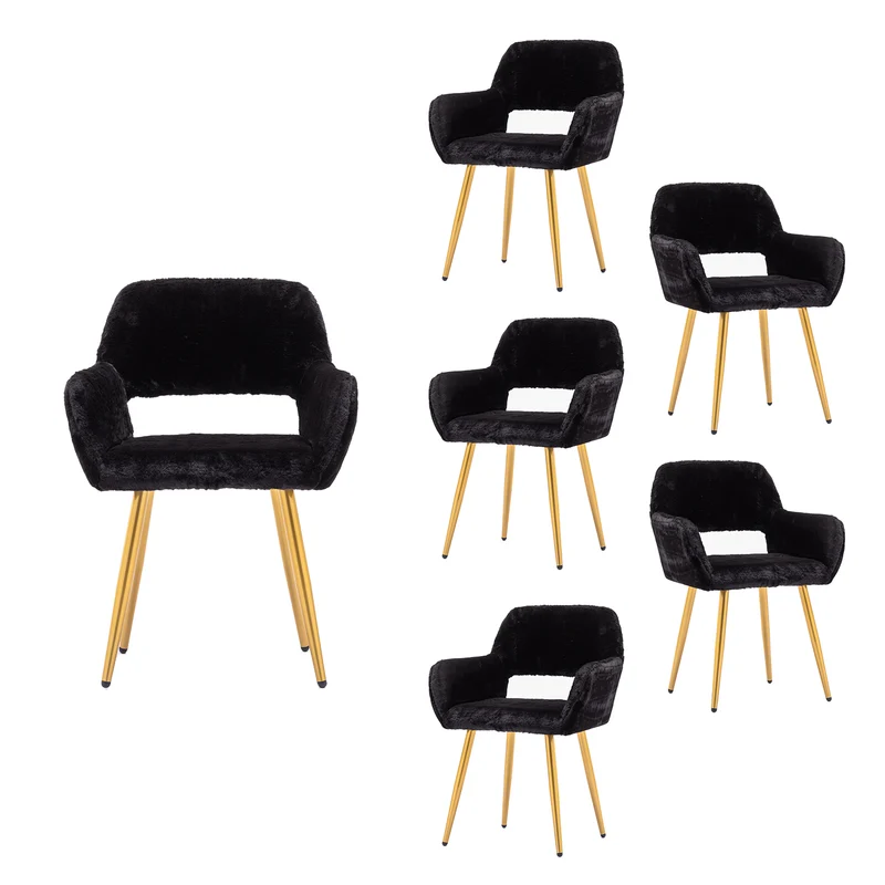 Lot de 6 fauteuils de salle à manger de style scandinave en fausse fourrure noire avec pieds en métal doré