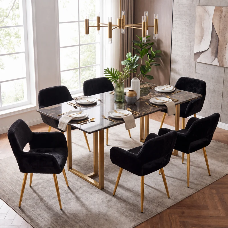 Lot de 6 fauteuils de salle à manger de style scandinave en fausse fourrure noire avec pieds en métal doré